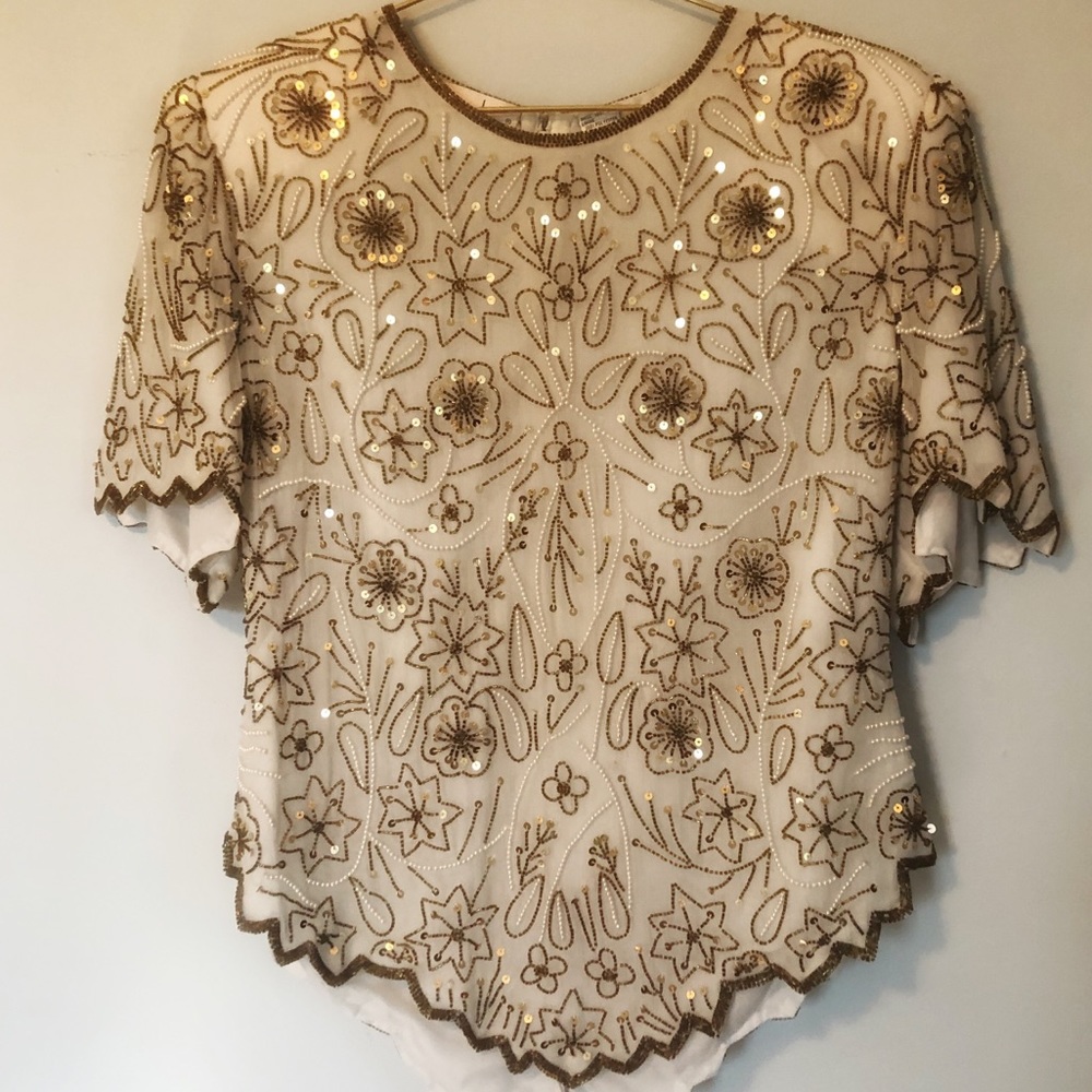 Vintage 100% silk beaded top gold sequins & pearls
